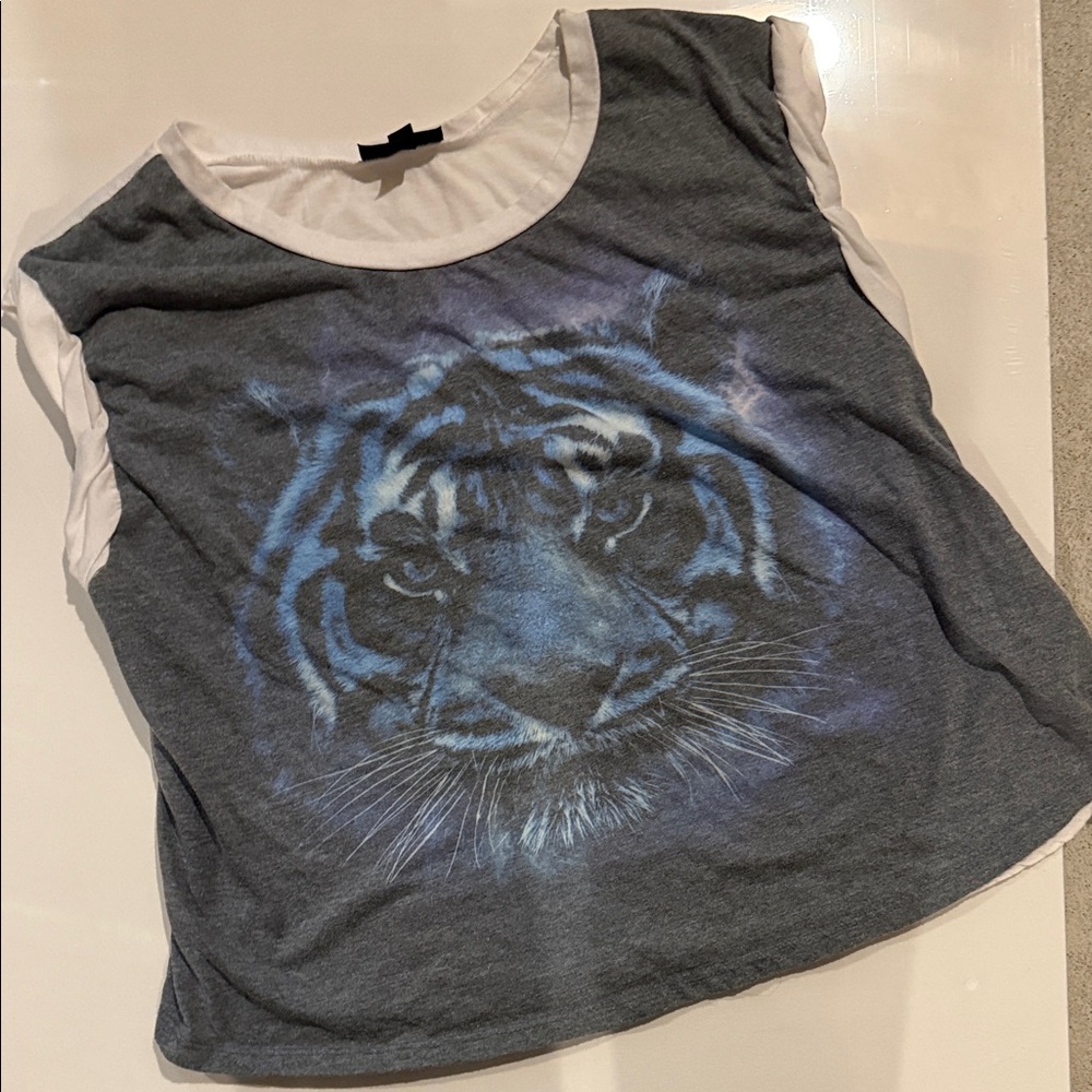 Topshop Gray and White Tiger Print Muscle Tee